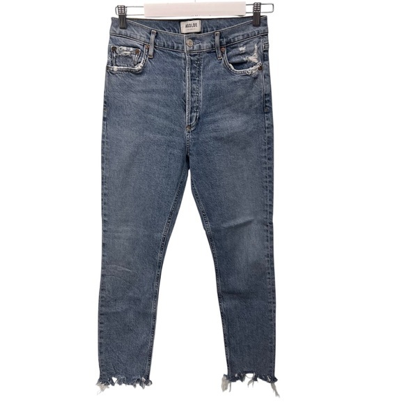 Agolde Women's Nico High Rise Raw Hem Slim Jean Destressed Size 27